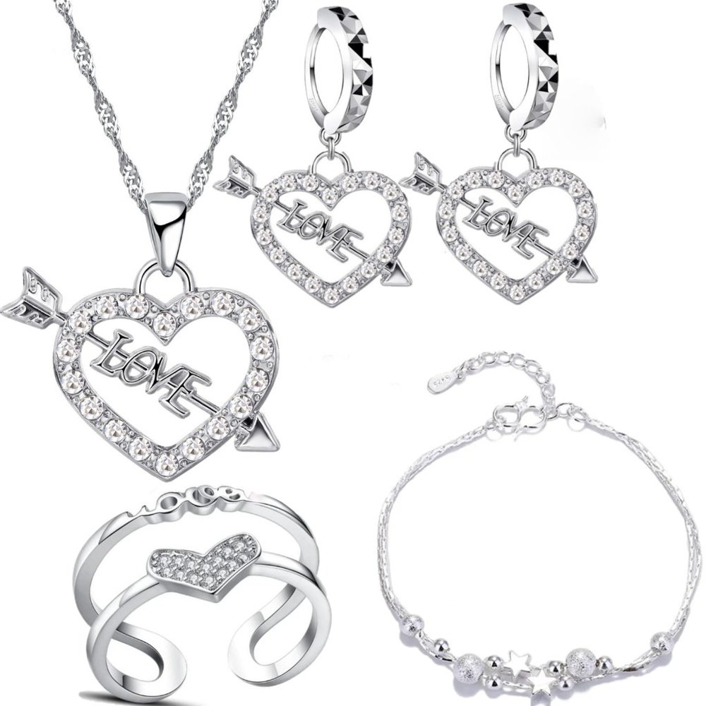 🌟 925 Sterling Silver Heart Earrings Necklace Bracelet And Ring Adjustable Set